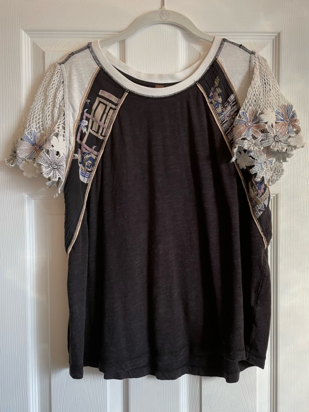 Free People Black Tee with Cream Crochet Floral Sleeves